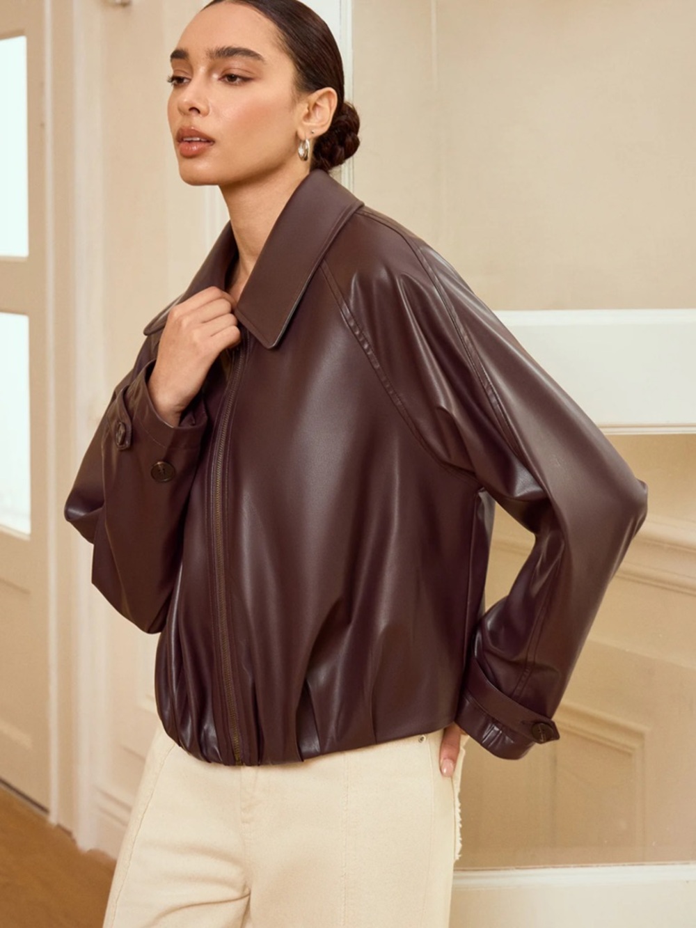 Commense Collared Zip-Up Faux Leather Jacket Size XS NWT